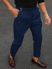 Calvornis Quần ống đứng công sở màu trơn có khóa thắt lưng cho nam - Màu xanh hải quân - Xem 3