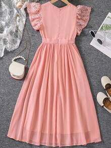 女童蕾丝盖袖A字腰连衣裙，甜美公主风，蕾丝盖袖设计，高腰A字，柔软舒适 - 粉色 - 查看 2