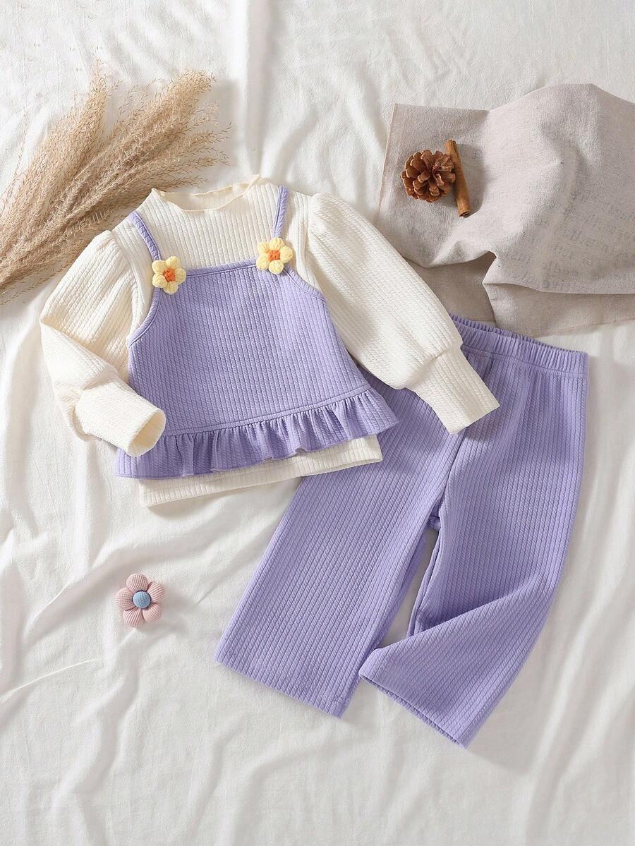 SHEIN 2025年女婴时尚新款紫色二合一长袖上衣和裤子套装，可爱3D花卉图案，舒适面料，专属户外服装 - 紫色 - 查看 1