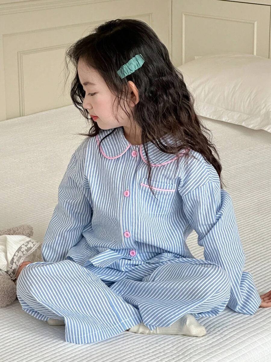 DAZY 2 件套女童休闲长袖上衣和裤子家居服套装，秋季 - 藍色 - 查看 1