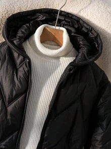 Tween Girls Black Winter Modest Hooded Padded Coat, Loose Fit Drawstring Waist Graphic Pattern Casual Outwear For School, Date, Outdoor, Commute, Fall - Black - View 6