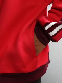 SUMWON Klassische Trainingsjacke mit Retro-Streifendetail, geripptem Kragen, durchgehendem Reißverschluss, athletischem Collegejacken-Stil, Herbst-Winter-Essentiell, lässige Oberbekleidung - Rot - Übersicht 5