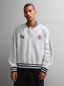 SUMWON Sudadera con media cremallera, ajuste corto, con detalles de ribete de estilo universitario, logo, cuello y puños acanalados. Ropa de estar en casa casual para otoño e invierno, diseño clásico de moda urbana - Gris Claro - Ver 6