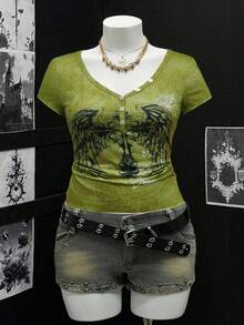 Sunspun Camiseta de manga corta con cuello medio abierto, estampado digital de alas abstractas para mujer de talla grande