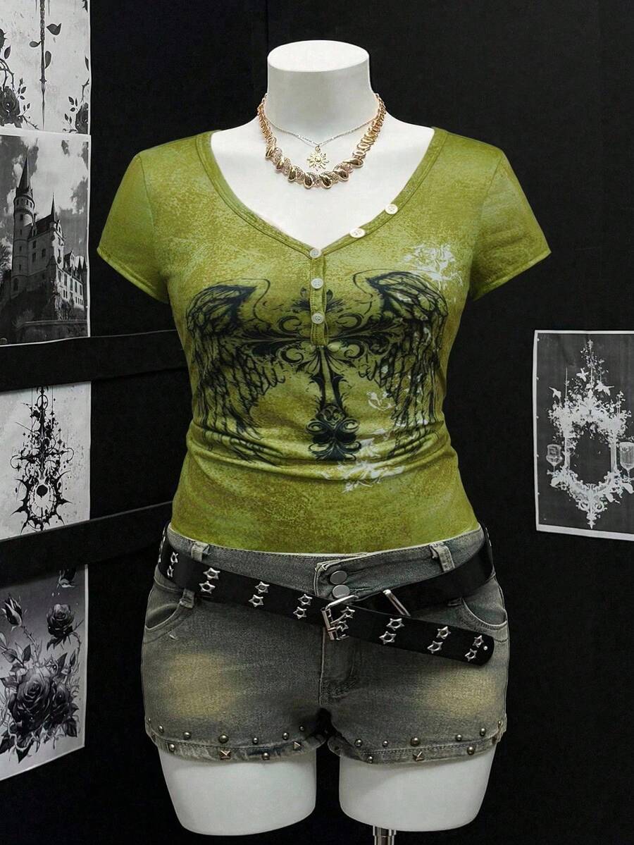 Sunspun Camiseta de manga corta con cuello medio abierto, estampado digital de alas abstractas para mujer de talla grande