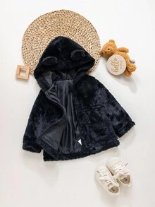 Emery Rose Kids Emery Rose Kids Babygirl Casual Fluffy Black Hooded Jacket, Versatile For Autumn/Winter Fall - Black - View 9