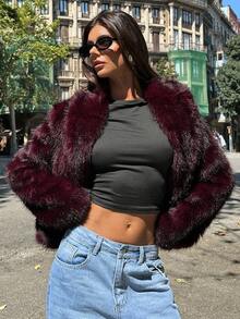 Aloruh Women's Fall/Winter Fluffy Thick & Warm Loose Fit Long SleeveFaux Fur Coat For Women , Fox Fur Coat, Mid-Length Fur Jacket, Young Fur Coat, New Short Outerwear,Cozy Fall And Winter Clothes For Women - Burgundy - View 7
