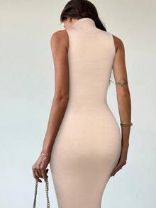 Aloruh Minimalist Commuter Young Street-Style Grey High Collar Turtleneck Sleeveless Bodycon H-Line Extra Long Women Sweater Dress,Fall - Beige - View 2