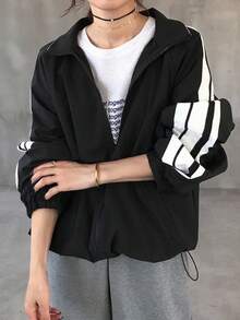 FRIFUL Women's Stand Collar Loose Side Ribbon Decor Loose Hem Cropped Casual Street Goth Jacket