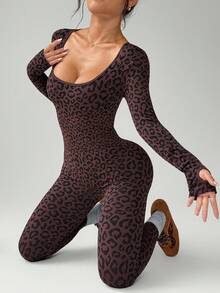 Slayform Combinaison à manches longues sans couture imprimé léopard pour femmes - Marron - Voir 4
