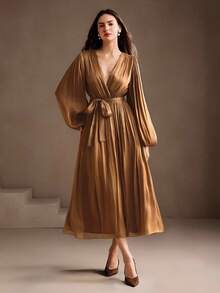 Anewsta Đầm Maxi Chiffon Tay Dài Cổ Chữ V Màu Trơn Thanh Lịch Cho Nữ - màu nâu - Xem 1