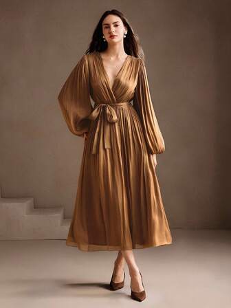 Anewsta Solid Color V-Neck Long Sleeve Elegant Chiffon Maxi Dress For Women