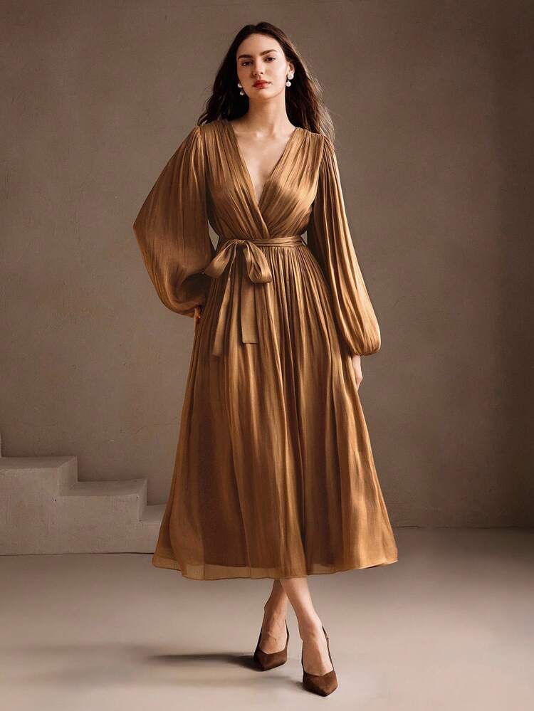 Solid Color V-Neck Long Sleeve Elegant Chiffon Maxi Dress For Women