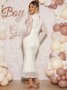 Loomaby 孕妇蕾丝领长袖上衣和可调节腰部修身短裙两件套，优雅 - 白色 - 查看 2