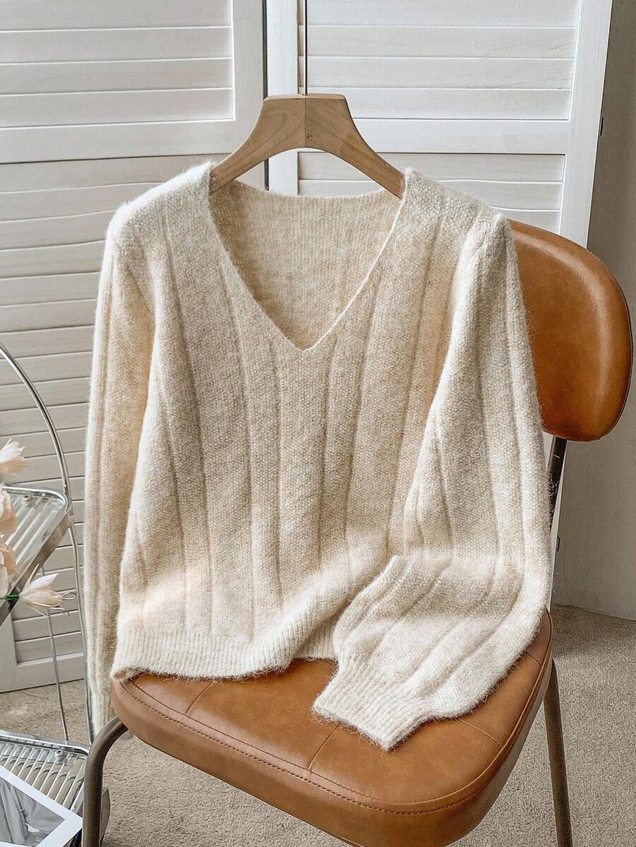 Franclia Women's V-Neck Loose Casual Long Sleeve Sweater, Autumn/Winter - Apricot - View 1