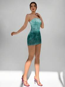 Aloruh 休闲优雅性感抽象图案扎染湖绿色全印花抹胸紧身修身休闲夏装，适合夏季、度假、派对 - 彩色 - 查看 3