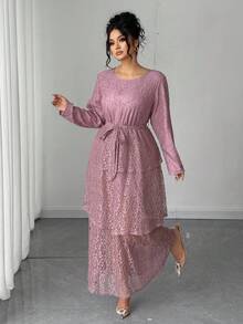 Elenzga Plus Size Women Elegant Round Neck Lace Long Sleeve Commuter Dress Fall Cloth For Women - Pink - View 3