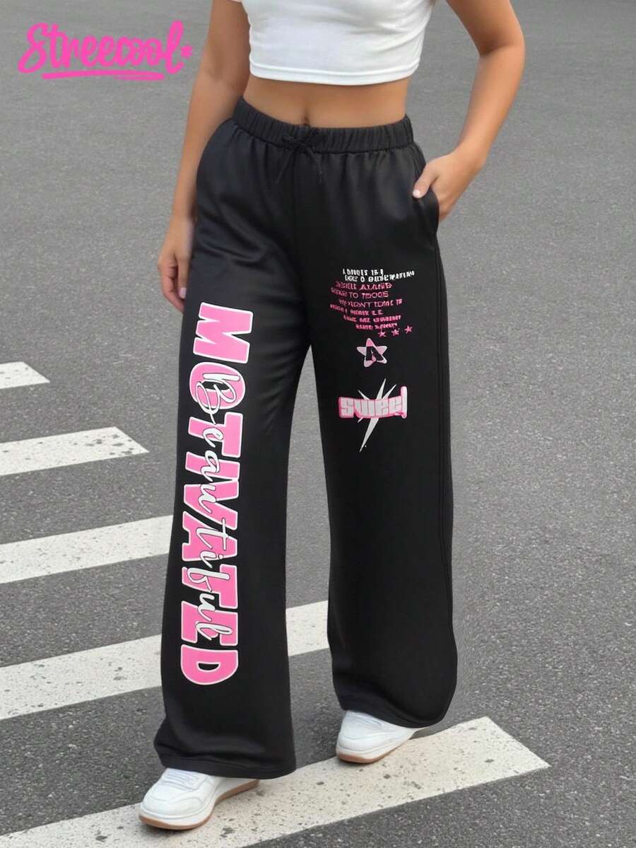 SHEIN Explorewe Tween Girl 宽松字母印花保暖内衬阔腿运动裤，时尚街头休闲深色风格 - 黑色 - 查看 1