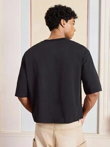 Mainfolk Men's Standard Size Short Sleeve Casual T-Shirt, Printed With Rhinestones, Round Neck, Summer - Black - View 2