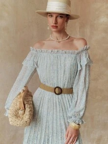 Arave Women's Off Shoulder Chiffon Pleated Maxi Dress, Flowing And Romantic