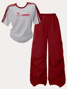 2pcs/Set Teenage Girls Comfortable Loose Fit Outdoor Sports Drop Shoulder T-Shirt And Cargo Pants - Multicolor - View 4