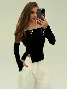 Aloruh 优雅露肩喇叭袖白色撞色修身套头长袖 T 恤 - 黑色 - 查看 6