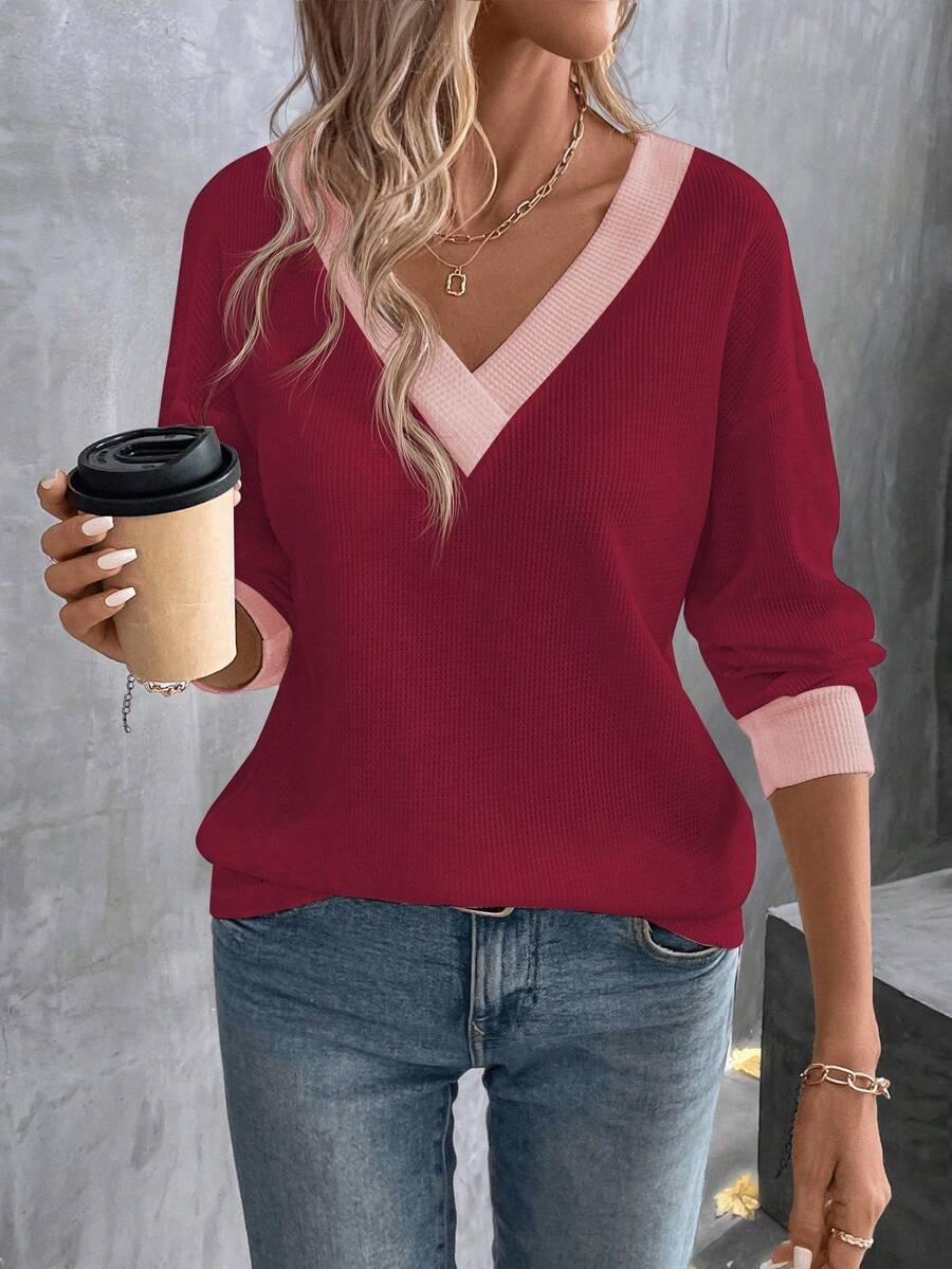 SHEIN LUNE Women's Casual Color-Block Patchwork Long Sleeve T-Shirt, Autumn/Winter Graphic Tees Women Tops For Spring - Burgundy - View 1