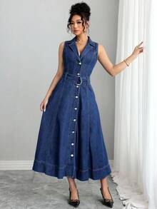 Elenzga Women's Denim Dress With Button Waistband And Slant Pockets - Dark Wash - View 3