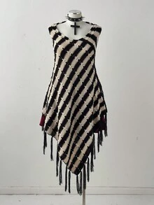 Sunspun Plus Size Women's Y2K Style Casual Black & White Striped Handmade Tasseled Knit Poncho Sweater, Suitable For All Seasons, Ideal For Vacation Outfits Fall Winter Cloth For Women Autumn