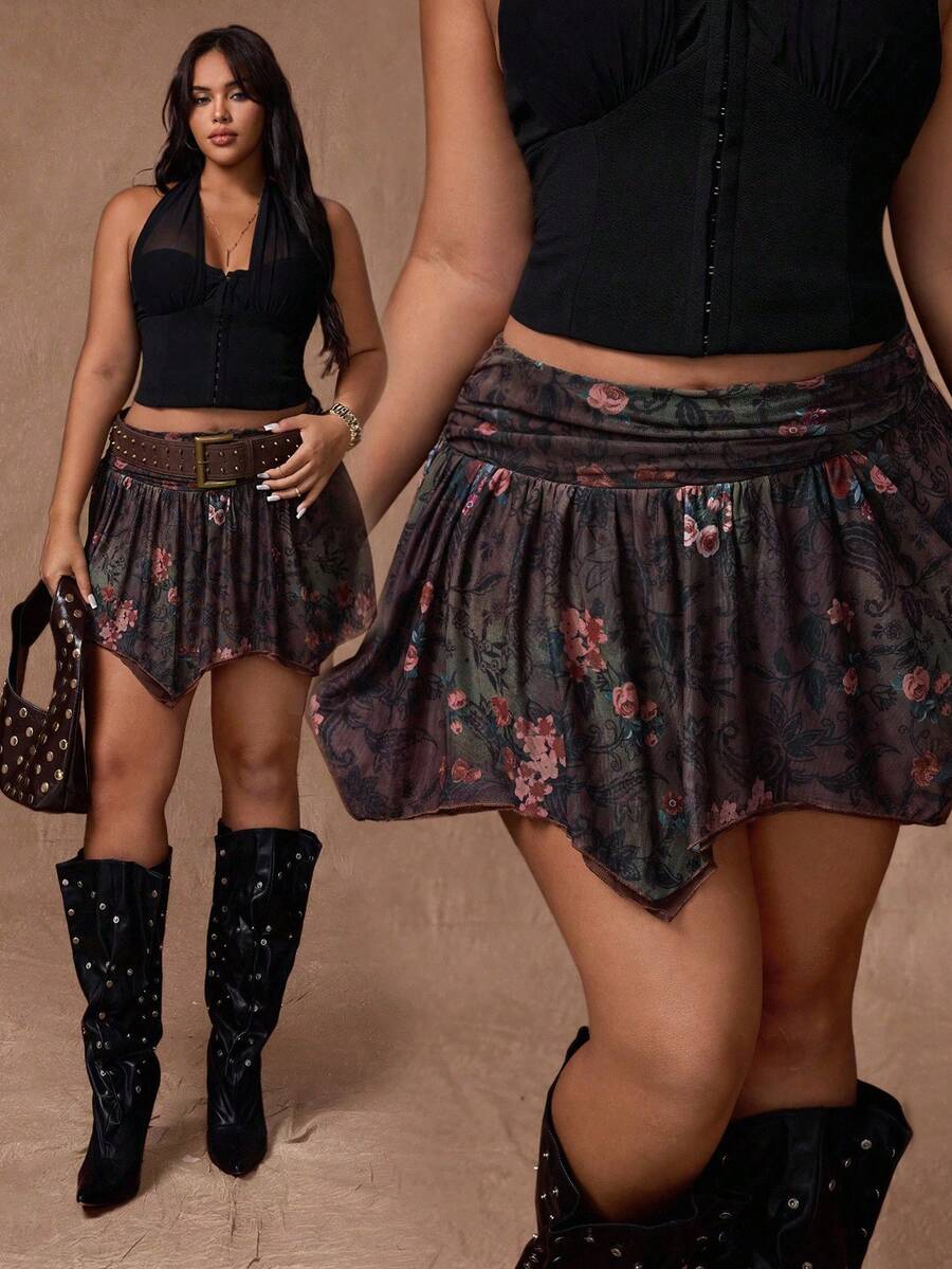 Rustia 复古休闲女式低腰波西米亚风荷叶边不对称佩斯利印花迷你裙/短裤 - 彩色 - 查看 1