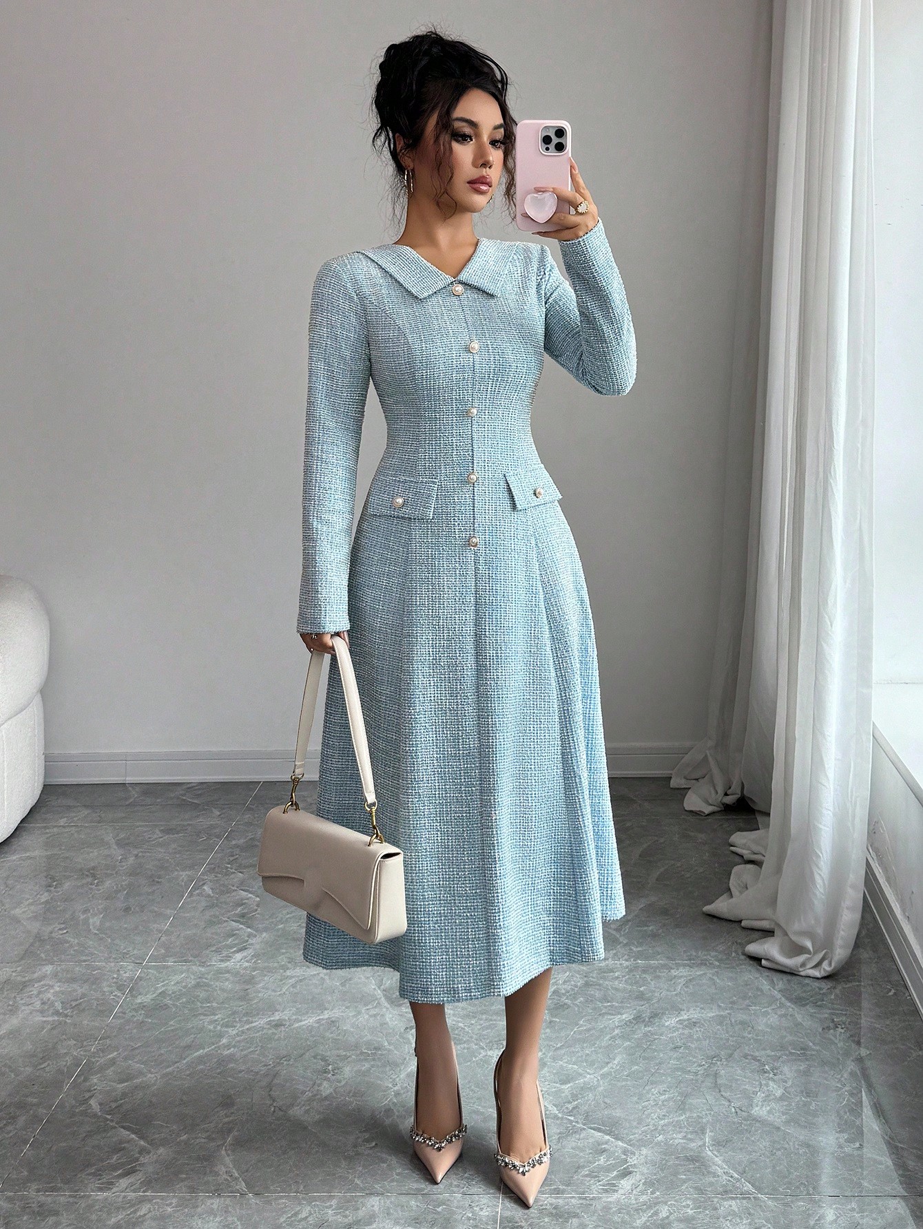 Elenzga فستان نسائي أنيق بياقة مكشكشة على شكل حرف...