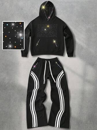 Street Life Men's Rhinestone Decor Hoodie And Drawstring Waist Striped Sweatpants Casual Tracksuit Set, Fall Clothes