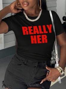 SHEIN Áo thun ngắn tay in chữ mùa hè thoải mái - màu đen - Xem 4