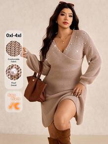 Elaquor 大码优雅都市时尚简约交叉珍珠装饰女士休闲连衣裙，秋冬