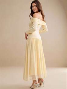 Modelyn Đầm dự tiệc hở vai, nhẹ nhàng, thanh lịch, đa năng, trang trí kim loại - Màu be - Xem 3