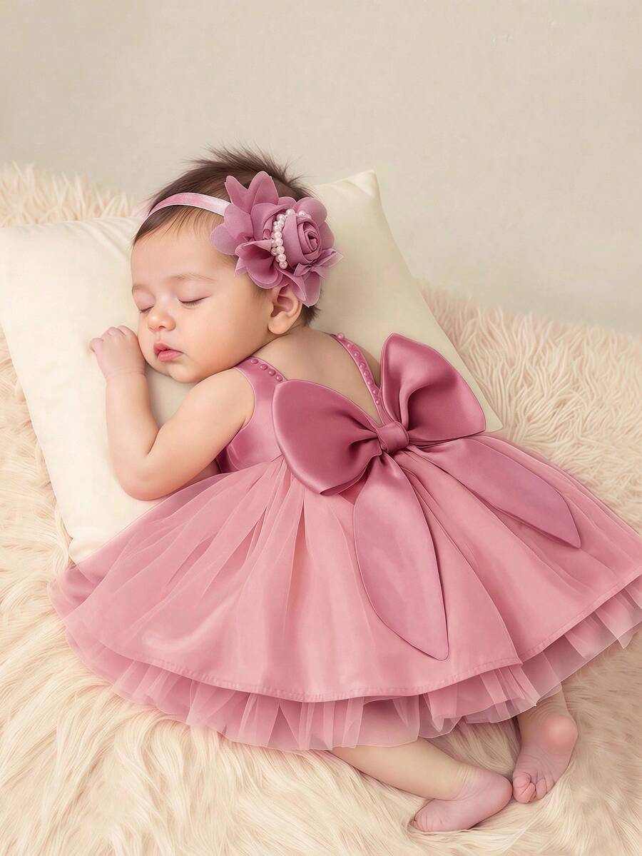 SHEIN 2 件套新生儿女童珍珠风格连衣裙配玫瑰花头带婴儿拍照服装婴儿 1 个月 100 天拍照服装 - 紅色 - 查看 1