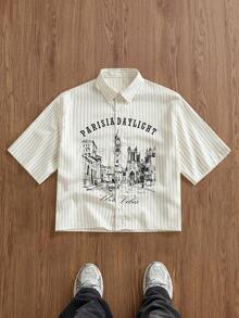 Manfinity Unisex Men's Woven Short Sleeve Vertical Striped Letter Print Fashionable Shirt, Couple Things