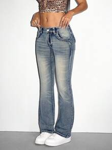 SHEIN PETITE Women's Fashion Casual Washed Slant Pocket Cat Whisker Flare Jeans - Blue - View 6