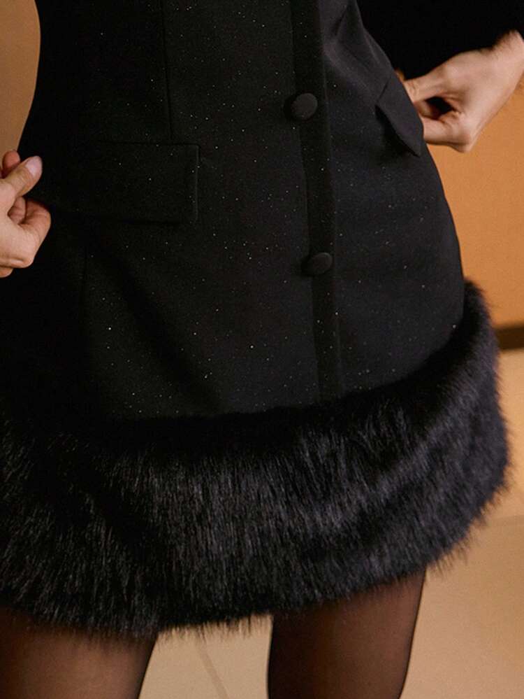FUZZY PANEL LAPEL COLLAR FLAP DETAIL SHORT DRESS