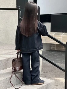 DAZY 2 件套年轻女孩复古水洗牛仔上衣和宽松休闲裤牛仔套装秋冬