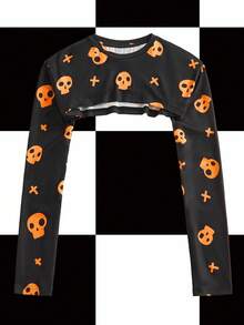 Shutterstock Y2Kool Women's Skull & Cross Short Crew Neck Long Sleeve Y2k Crop Top Graphic Crop Tops Y2k Tops Long Sleeve Crop Top Winter Stylish New Year - Black - View 6