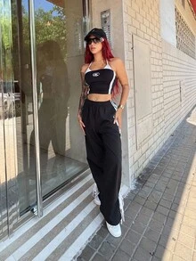 Bearsaez Women's Color Block Belt Simple Daily Long Pants - Black - View 4