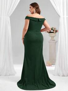 Coutiva Vestido de noche elegante con decoración de flores 3D de strass y drapeado para mujer de talla grande (con mucho bordado) - Verde Oscuro - Ver 2