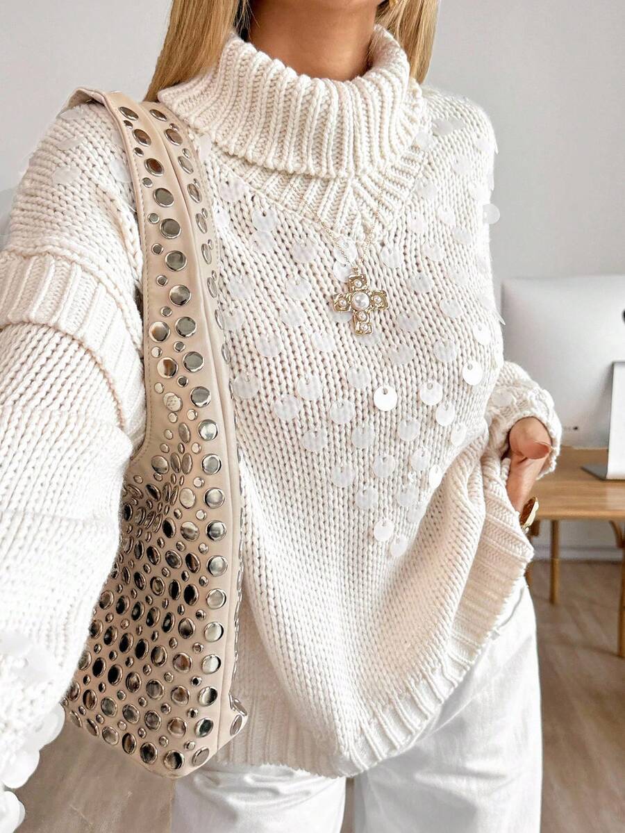 Siren Gaze Women's Solid Color High Neck Drop Shoulder Sequin Knit Pullover Sweater Winter,Christmas Sweater Casual - Apricot - View 1