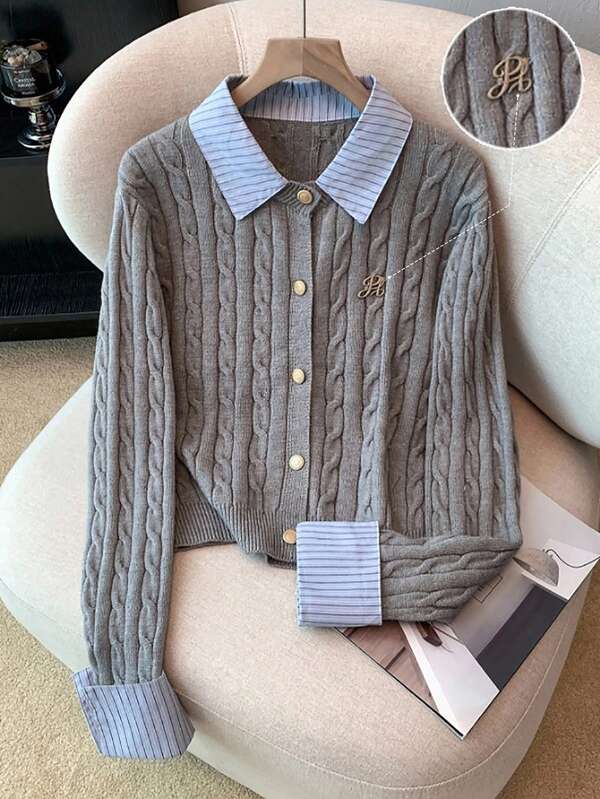 Franclia Fashionable Blogger-Inspired 2 In 1 Patchwork Knit Cardigan Sweater Cable Knit Cardigan Button Up Cardigan Collared Cardigan