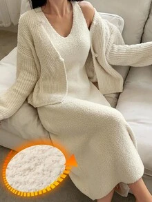 DAZY Set de 2 piezas de vestido y ropa de estar en casa de punto de unicolor para mujer, ropa de otoño/invierno, pijama, conjunto cómodo con forro polar