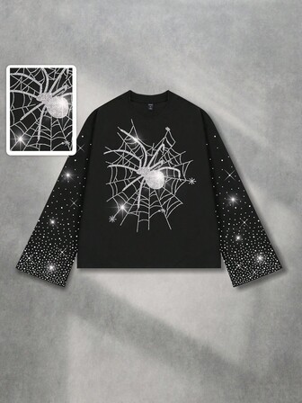 Goth Camiseta de manga corta de corte holgado con estampado de diamantes brillantes y estilo urbano para hombre