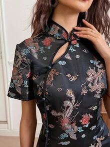 EastFlair 女式复古中国龙图案纽扣设计迷你连衣裙 - 黑色 - 查看 7