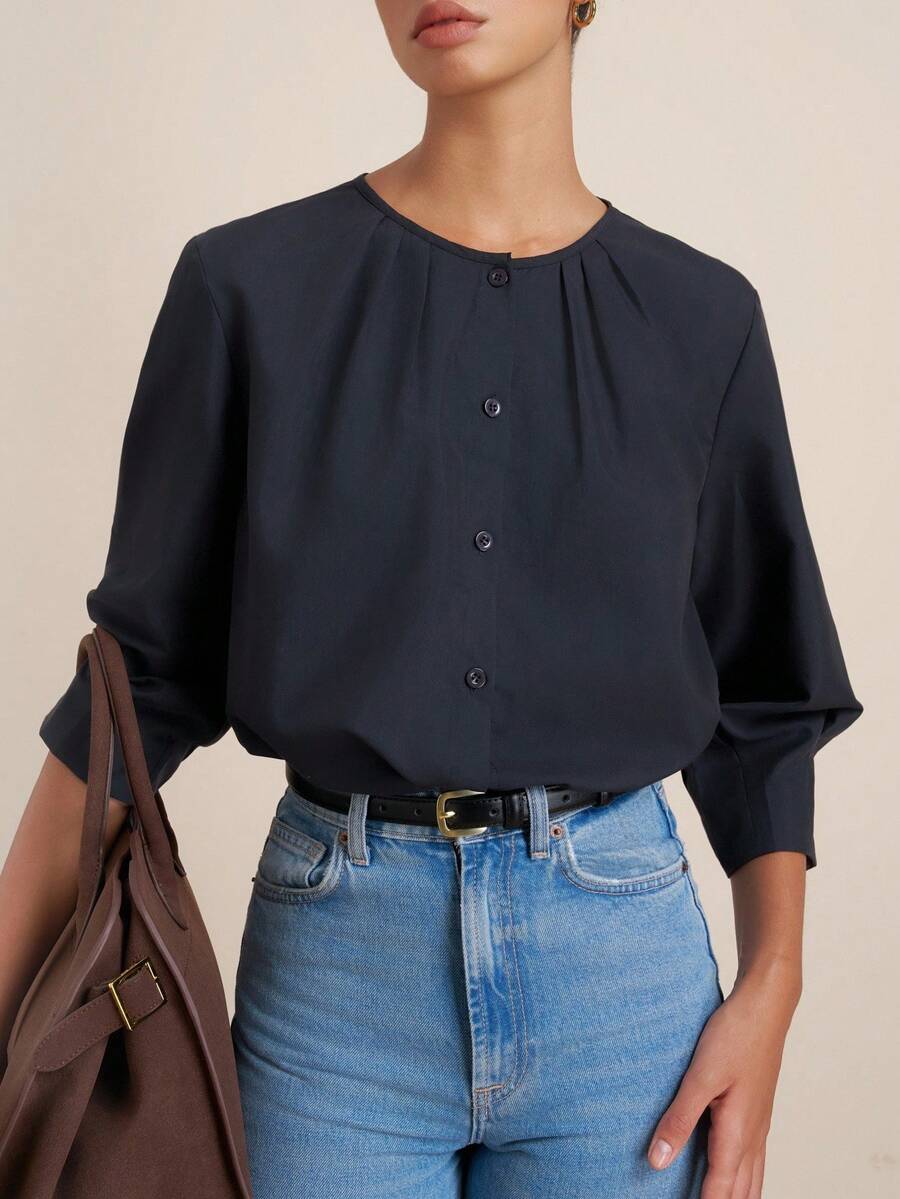 Airaco Women's Fashion Casual Retro Elegant Romantic Minimalist Round Neck Button Shirt - Navy Blue - View 1