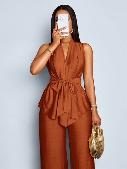 SOLERSUN Women's 2pcs/Set Solid Color Linen-Like Belted V-Neck Sleeveless Blouse And Wide Leg Pants Set
